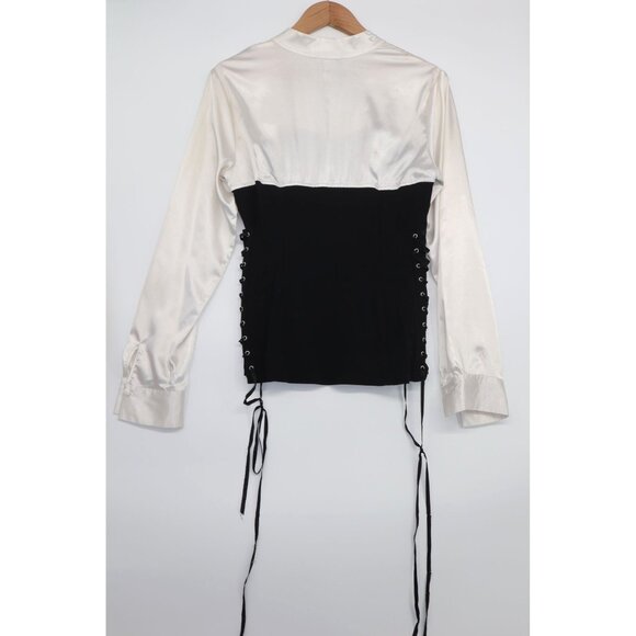 Dressbarn Womens Black White Satin Blouse Corset Ruffled Neck Whimsygoth Sz L - Picture 10 of 12